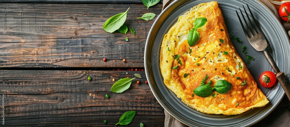 Poster plate with an omelette on a table with generous copy space image