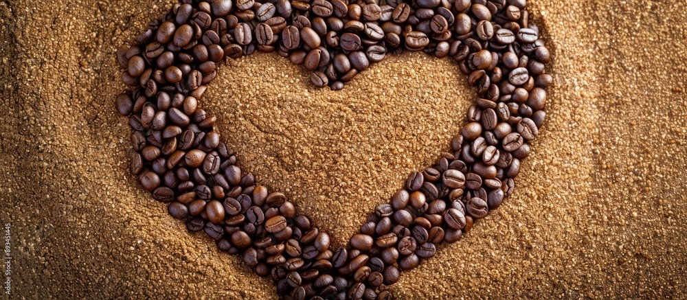 Leinwandbilder coffee grains in heart shape on sandy surface expressing love for coffee arranged in a frame design 