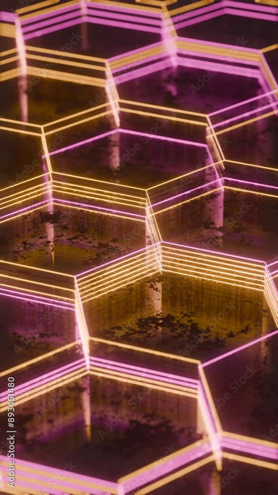 Poster illuminated hexagonal pattern with neon pink and yellow lights