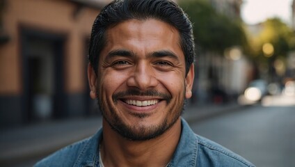 Hispanic man smiling at camera standing outside in street. South American person portrait smile