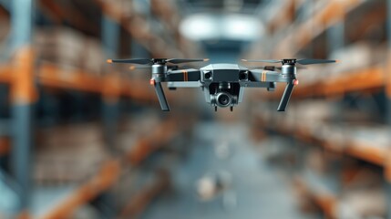 A black quadcopter drone is in mid-flight within a warehouse setting, with an array of storage shelves and boxes blurred in the background giving prominence to the drone.