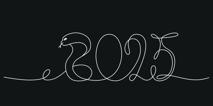 Decoration continuous line hand drawing sign for 2025 year calendar, presentation, poster. Vector stock illustration minimalism design isolated on black background. Editable stroke single line. 