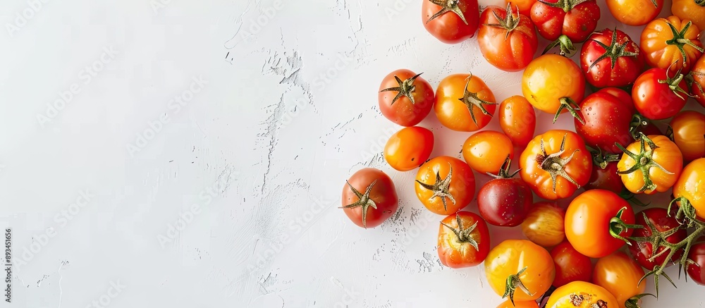 Poster fresh farm tomatoes in red yellow and other hues displayed in a top view flat lay on a white backgro