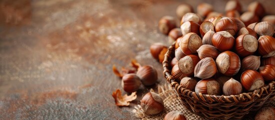 A brown hazelnut a healthy organic snack is shown as a group of food ingredients in a filbert nutshell seed with natural protein suitable for vegetarian nutrition in a basket or a bowl set against a