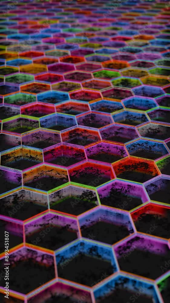 Poster Colorful Abstract Hexagonal Pattern with Neon Light Reflections

