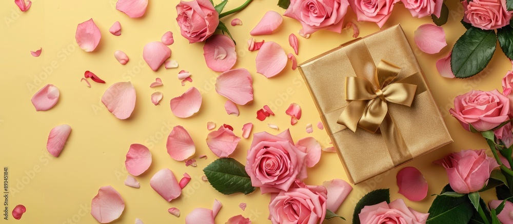 Poster a stunning display of pink roses and a gold gift box with a bow set on a gentle yellow paper backgro