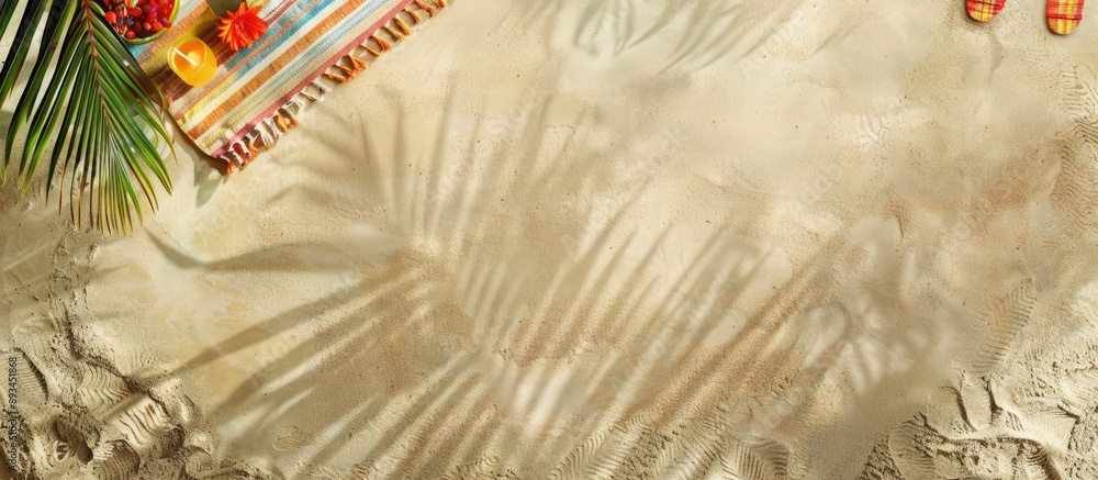 Aufkleber Aerial perspective of a sandy beach featuring a towel border and summer items Sand texture visible in the background with a designated area for text or images. with copy space image