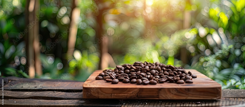 Poster Selective focus on coffee beans arranged on a wooden board in a garden with natural lighting creating a serene copy space image