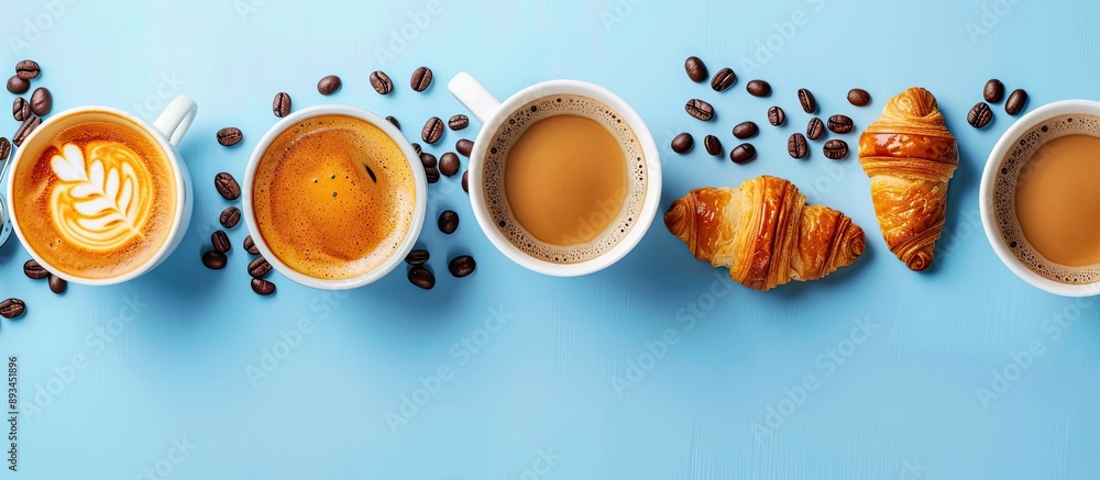 Poster a visually appealing composition of espresso cups coffee beans and croissant on a blue backdrop idea