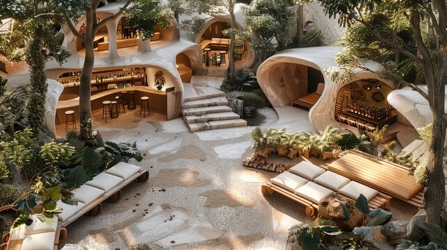 Music festival garden made with multiple beige and brown elegant volume, stone effect, popup shop and bar inside, aerial view. Generative AI.