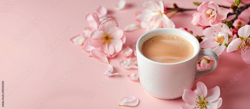 Poster coffee cup adorned with blooms on a soft pink backdrop ample copy space for text or designs