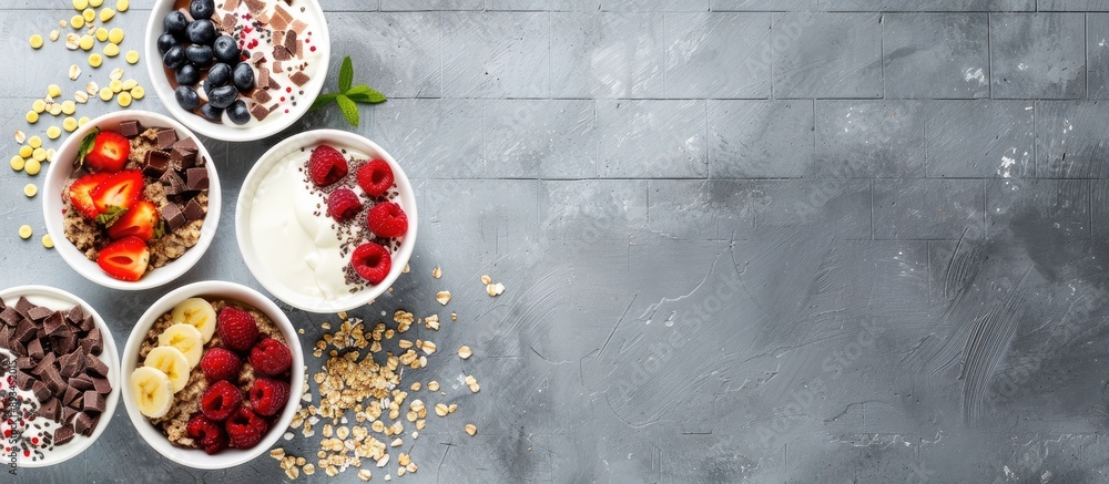 Poster healthy breakfast concept with a frame of oatmeal bowls topped with chocolate fruit and yogurt set a