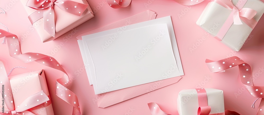 Fototapete top view of white blank greeting card on pink paper background with gift box bow and pink ribbon wit