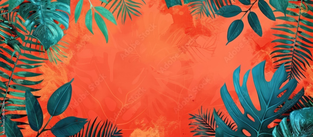 Aufkleber summer art with an underwater design featuring jungle leaves against a red orange background leaving