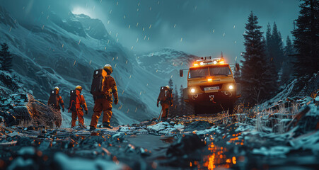 At night, rescue team, rescue in the mountains, emphasizing teamwork and urgency under challenging conditions. Generative AI.