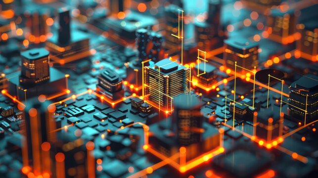 detailed visualization of an international finance hub, with glowing connections linking digital buildings symbolizing major banks and investment firms