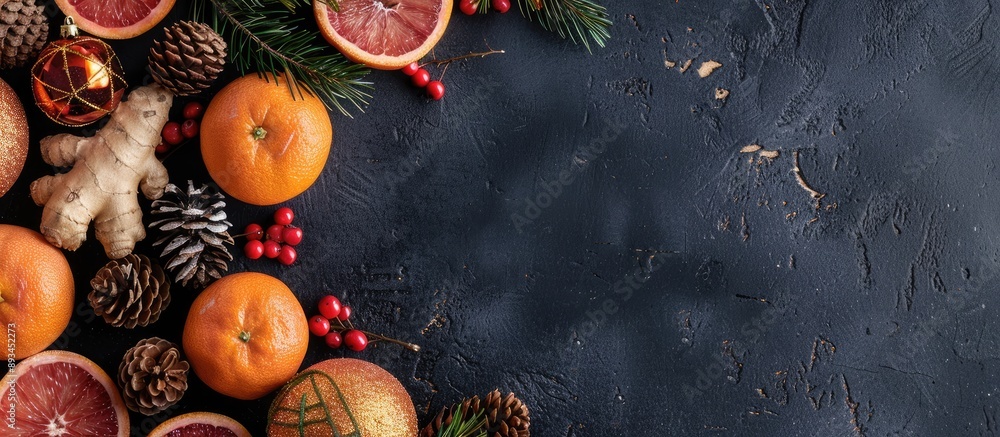 Poster Festive Christmas composition with holiday elements like oranges pinecones tree ornaments fruit and ginger on a dark backdrop arranged neatly with space for text and a copy space image