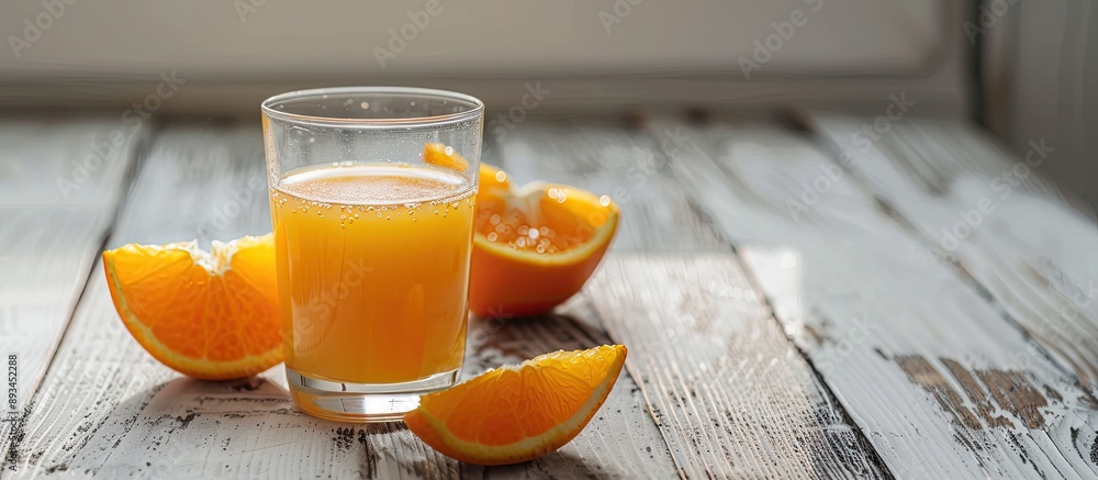 Poster on a vintage white wooden table there are a glass of orange juice next to a ripe orange cut into sli