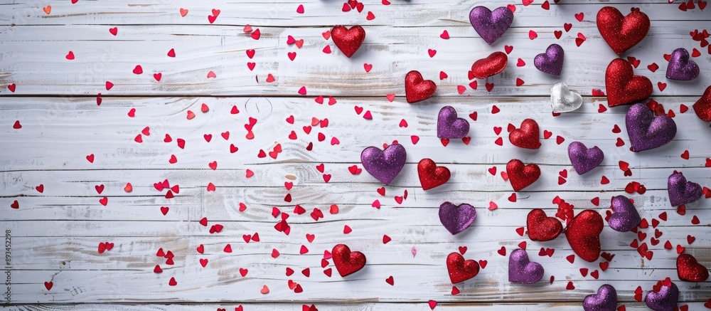 Leinwandbilder valentine s day festive concept displayed on a white wooden background featuring red and purple hear