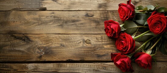 Red roses arranged on a rustic wooden table with ample copy space image available