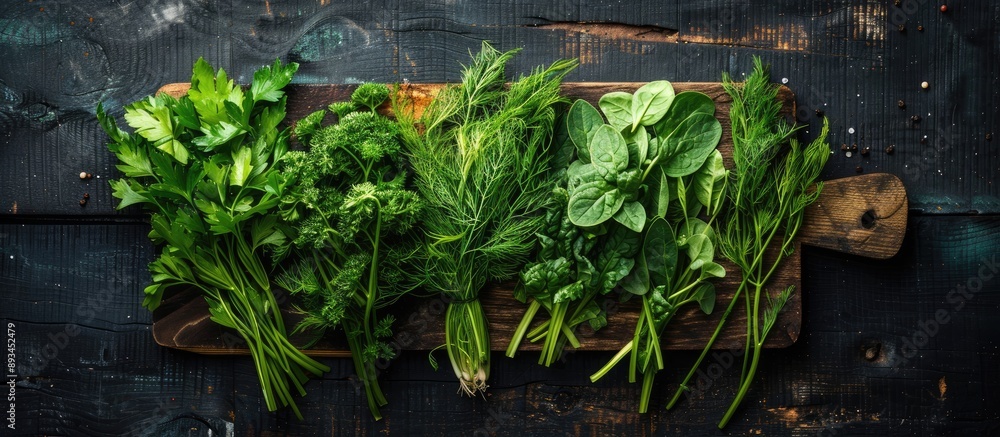 Aufkleber copy space image of various fresh greens like spinach dill parsley sorrel and green onions on a rust