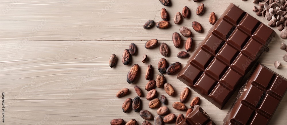 Fototapete Top view of milk chocolate bar with carob cocoa butter and cocoa beans on a light wooden surface with copy space image