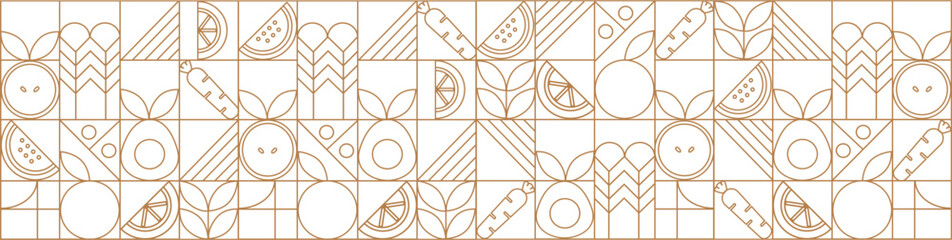 Line geometric mosaic seamless pattern illustration. Organic fruit vegetable geometric pattern. Natural food background creative simple bauhaus style, agriculture vector design. Healthy Food pattern