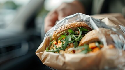 A close-up image of a hand holding a freshly-prepared sandwich with arugula and vegetables, wrapped in clear plastic, ready for a convenient and tasty meal on the go.
