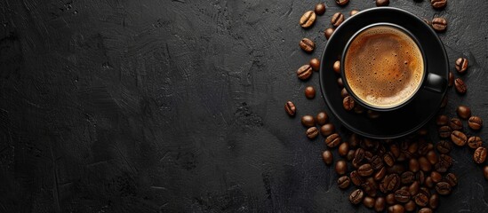 Dark background with a coffee cup and coffee beans offering a copy space image