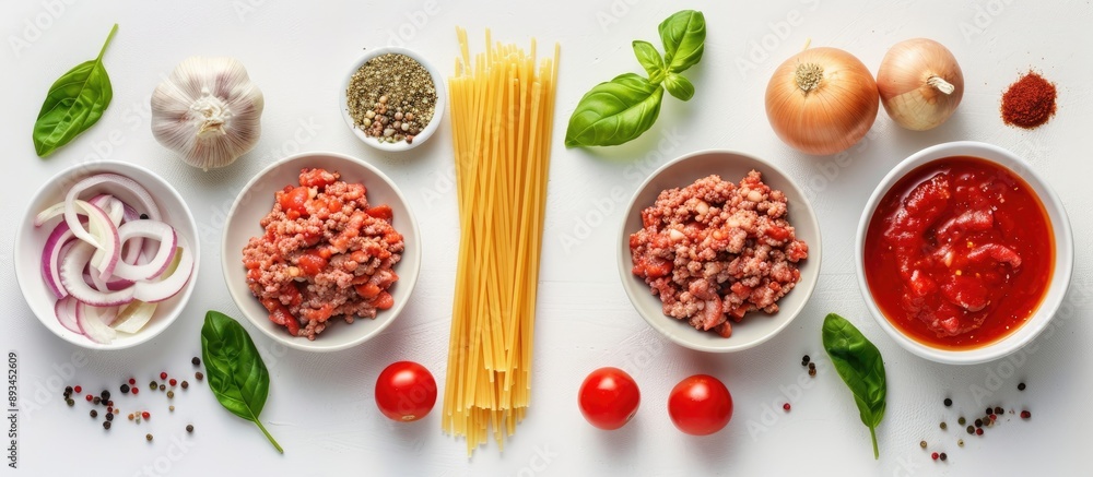 Poster top down view of ingredients like ground meat pasta onions and tomato sauce on a white background fo