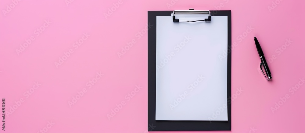 Poster Top view of a black clipboard on a pink surface with a blank sheet of paper featuring ample copy space image