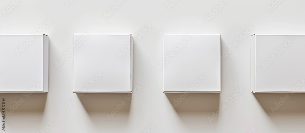 Poster Four white packaging boxes arranged on a white background emphasizing the concept of shipping delivery and transportation with copy space image