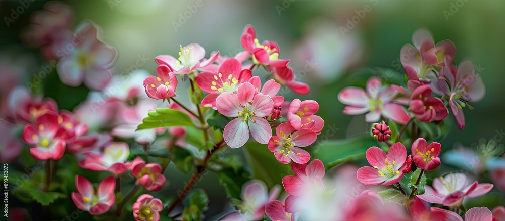 Poster small pink and white spring flowers in full bloom in the garden with copy space image