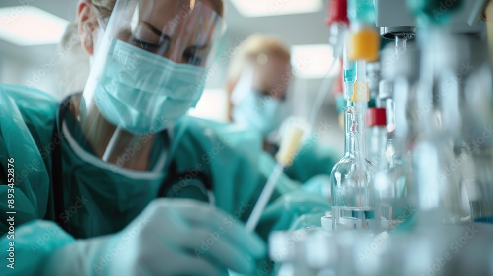 Aufkleber a scientist is captured in a laboratory setting, intensively conducting an experiment with various l