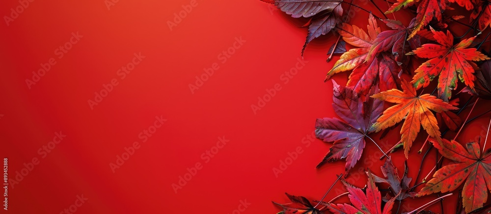 Aufkleber Fall leaves set against a red backdrop with a designated area to add text copy space image included
