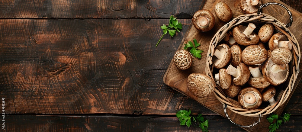 Poster top view of a forest scene with mushrooms in a wicker basket fresh raw mushrooms on a cutting board 