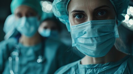 A close-up of a determined surgeon wearing a surgical mask, surrounded by a team of professionals, highlighting the intensity and focus required in the operating room.