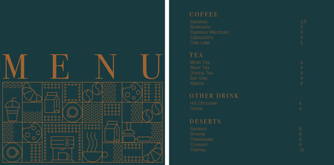 Cafe design menu. Coffee drinks menu price list for cafe, coffee shop vector template. Coffee linear print. Pattern with coffee theme in geometric minimalistic style. 