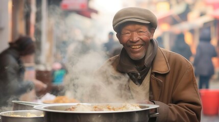 Smiling elderly man serves steaming food at street market. He wears a brown jacket and cap, surrounded by bustling street on blurred background. Concept of volunteer movement, donations, charity, help