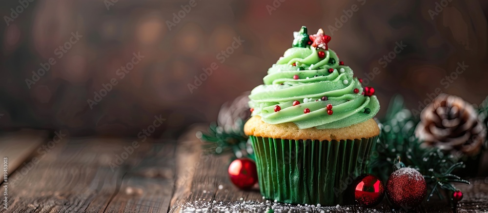 Poster a delectable cupcake topped with green frosting and festive christmas decorations showcased on a woo