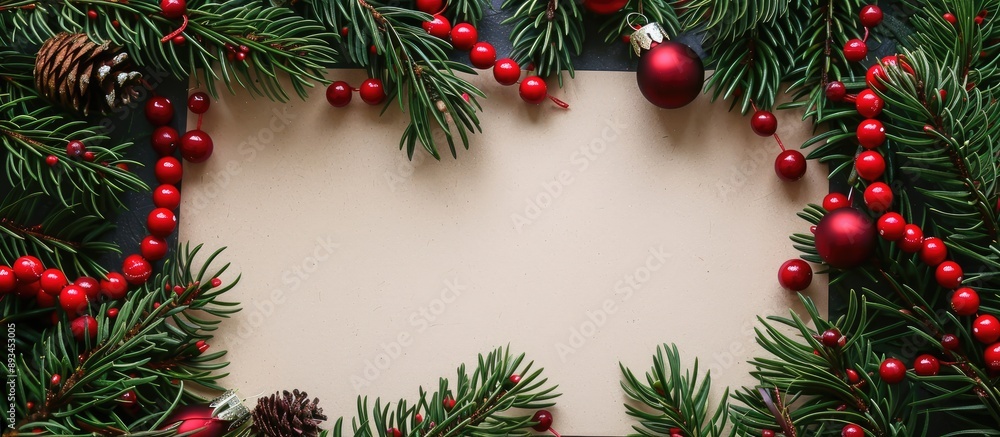 Aufkleber Festive Christmas background with a blank space for text Seen from above the arrangement includes fir branches red beads and a paper note. with copy space image. Place for adding text or design