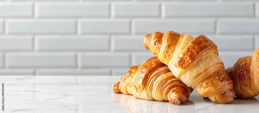 Leinwandbilder Croissants displayed on a white ceramic tiled table with a blank space for text in the background. with copy space image. Place for adding text or design