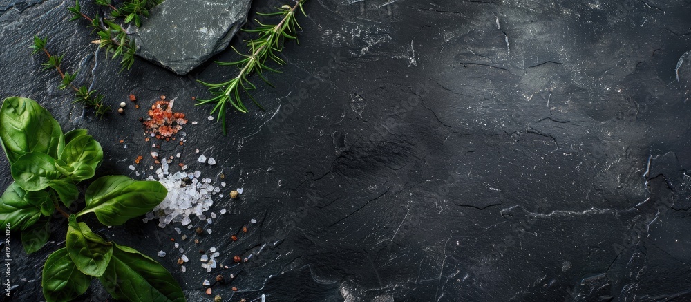 Leinwandbilder Top view of a dark stone table with salt and herbs creating a food cooking background perfect for a copy space image