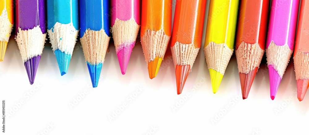 Poster colorful pencils with a variety of hues displayed on a white background in a close up copy space ima