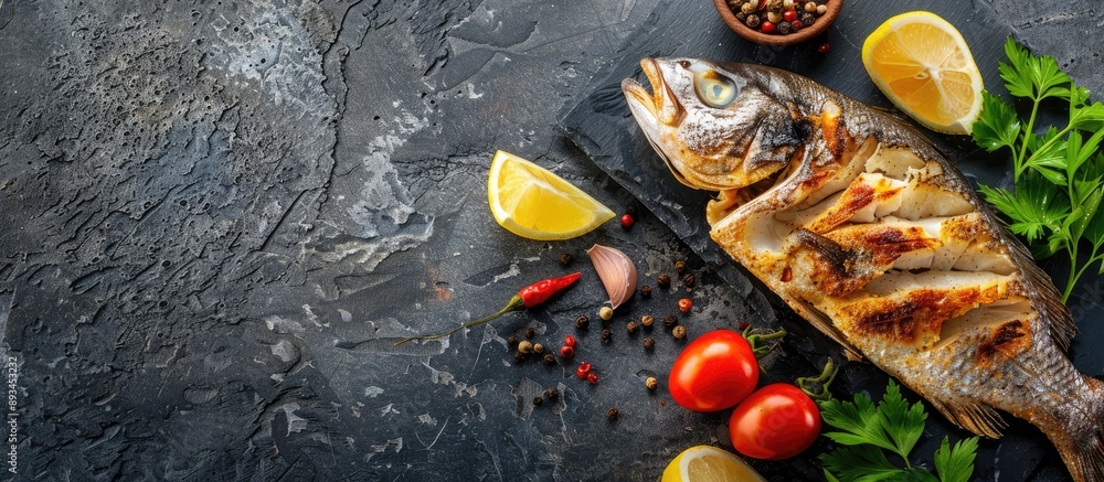 Poster stone background with copy space image for text featuring spiced fried hake fish