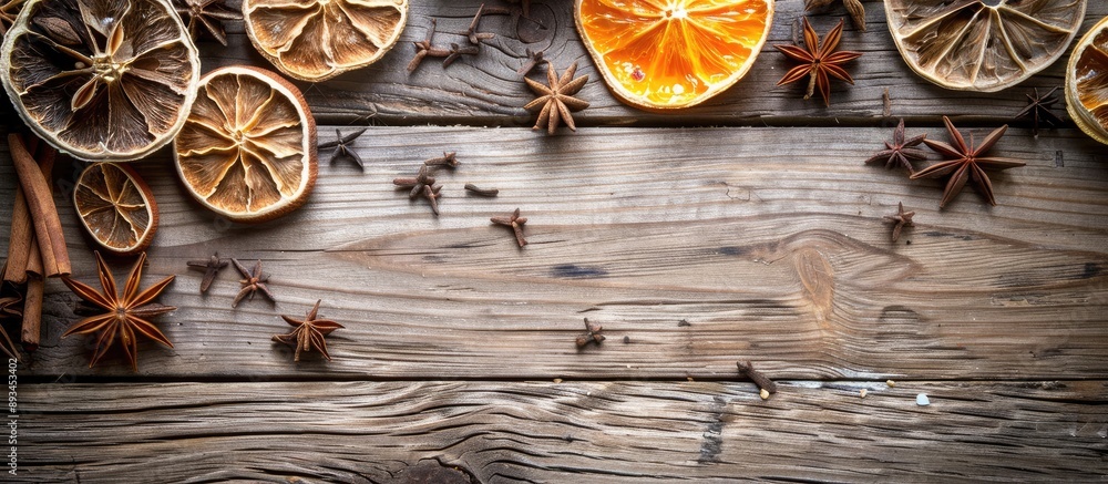 Aufkleber Wooden background with dry fruits and anise creating a rustic setting for a copy space image