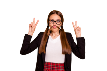 Portrait childish playful foolish fun funky funny youth free time make v-sign white red skirt pullover outfit black jacket blazer isolated yellow background