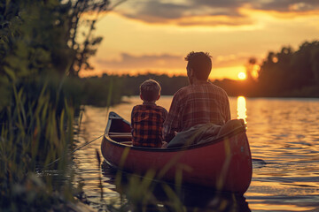 Family camping and enjoying lake activities