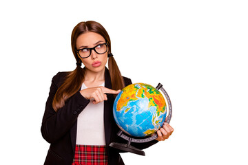 Close up photo lovely thoughtful minded teen teenager youth hold hand thought choose decide eyeglasses eyewear trendy stylish red skirt beautiful stylish trendy isolated black jacket yellow background