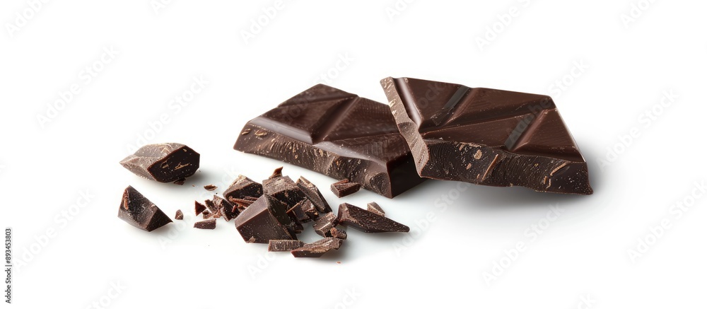 Poster three pieces of dark chocolate accompanied by a large piece nearby on a white background isolated fo